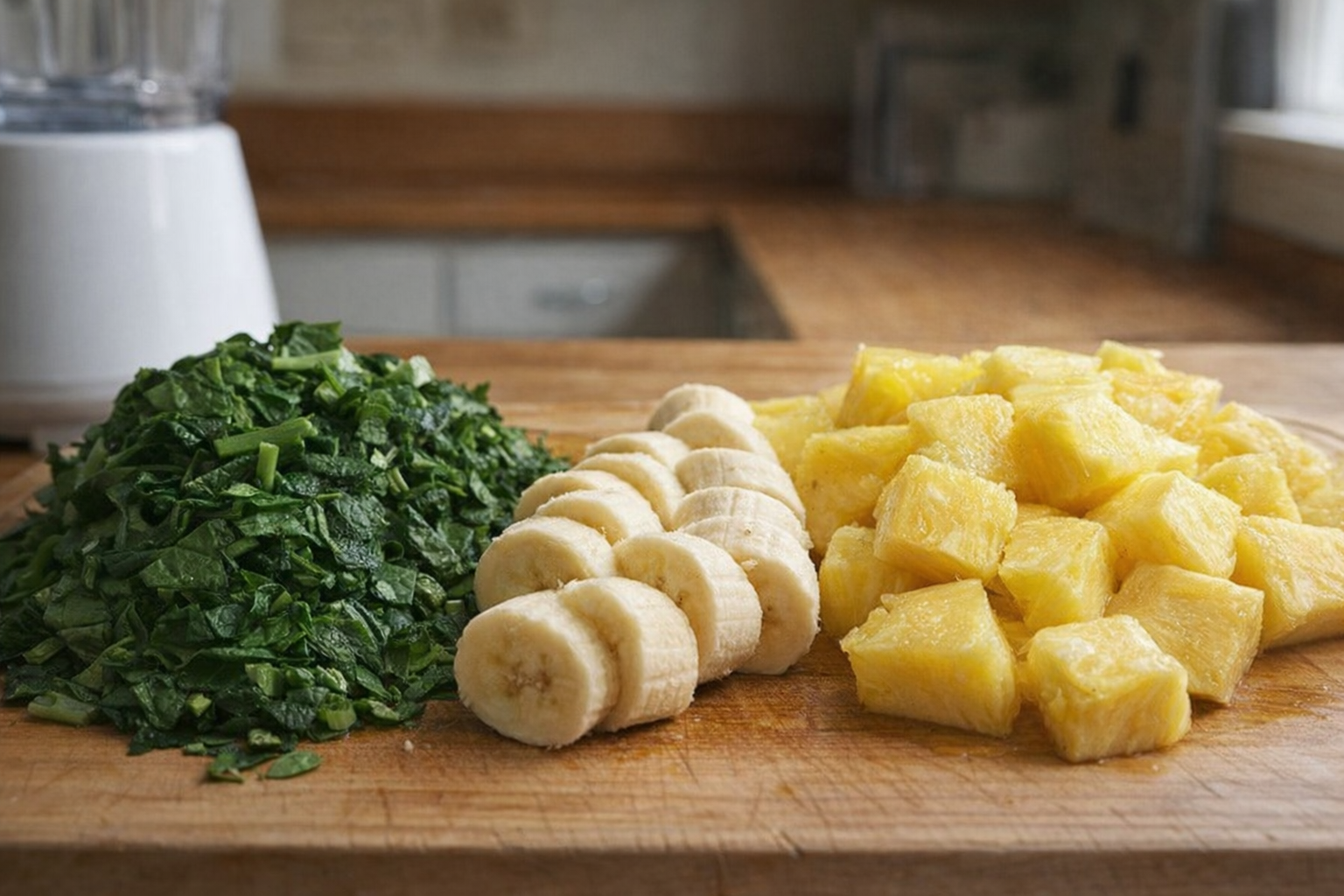 A close-up shot of chopped spinach, a sliced banana, and pineapple chunks on a wooden cutting board, ready for blending
